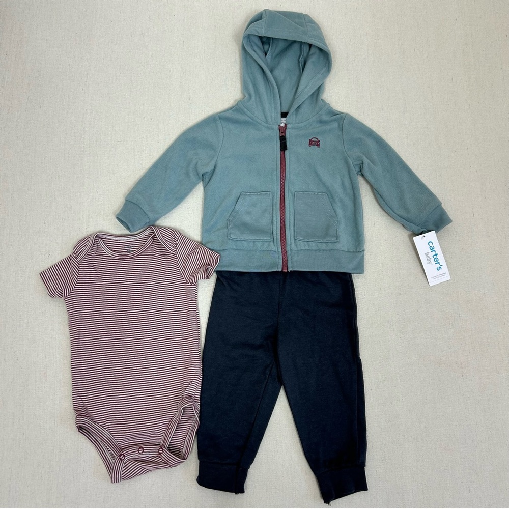 Carter’s Baby Boy 3 Pieces Set 12M Fleece Cardigan Cotton Pants